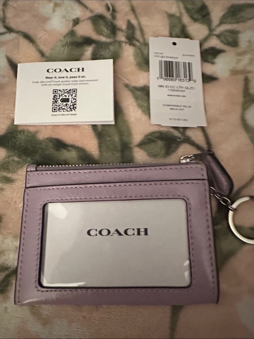 COACH Lavender Leather Card Holder with Key Ring and ID Window NWT